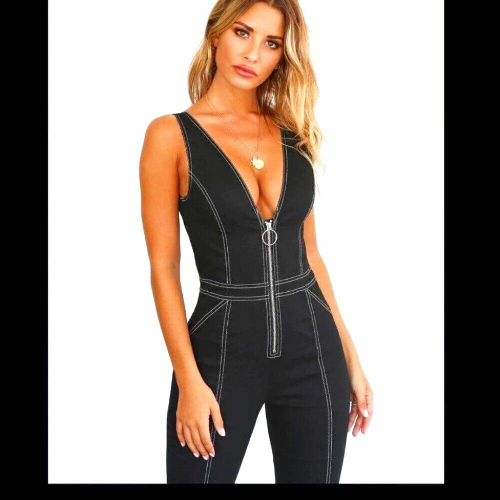 NWT TIGER MIST Ava Zip-Front Black Denim V Neck Sleeveless Jumpsuit M